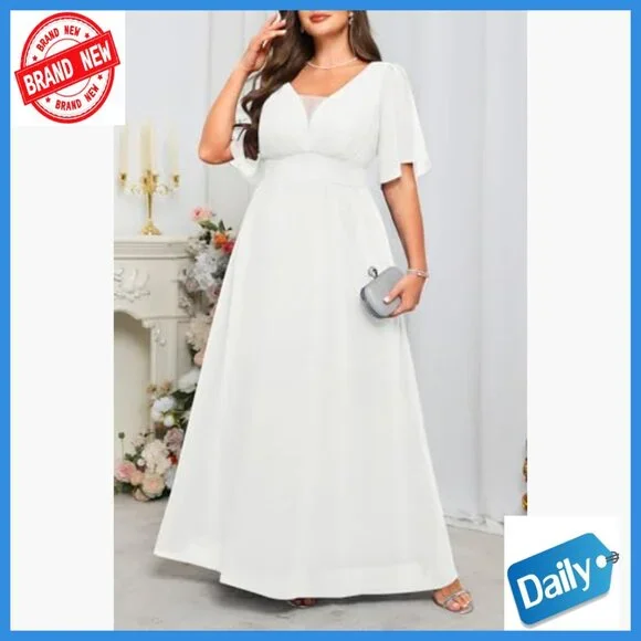 Plus Size Formal Maxi Dress V Neck Flutter Sleeves Chiffon Wedding Guest Gown